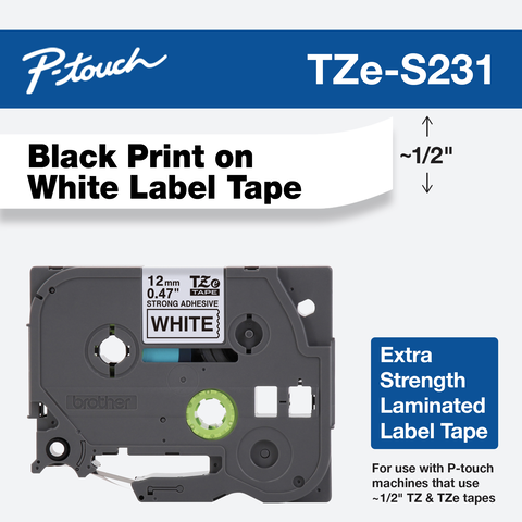 TZES231 Cinta negro sobre blanco de 12 mm (0 47 quot ) con adhesivo industrial extra fuerte 8m (26